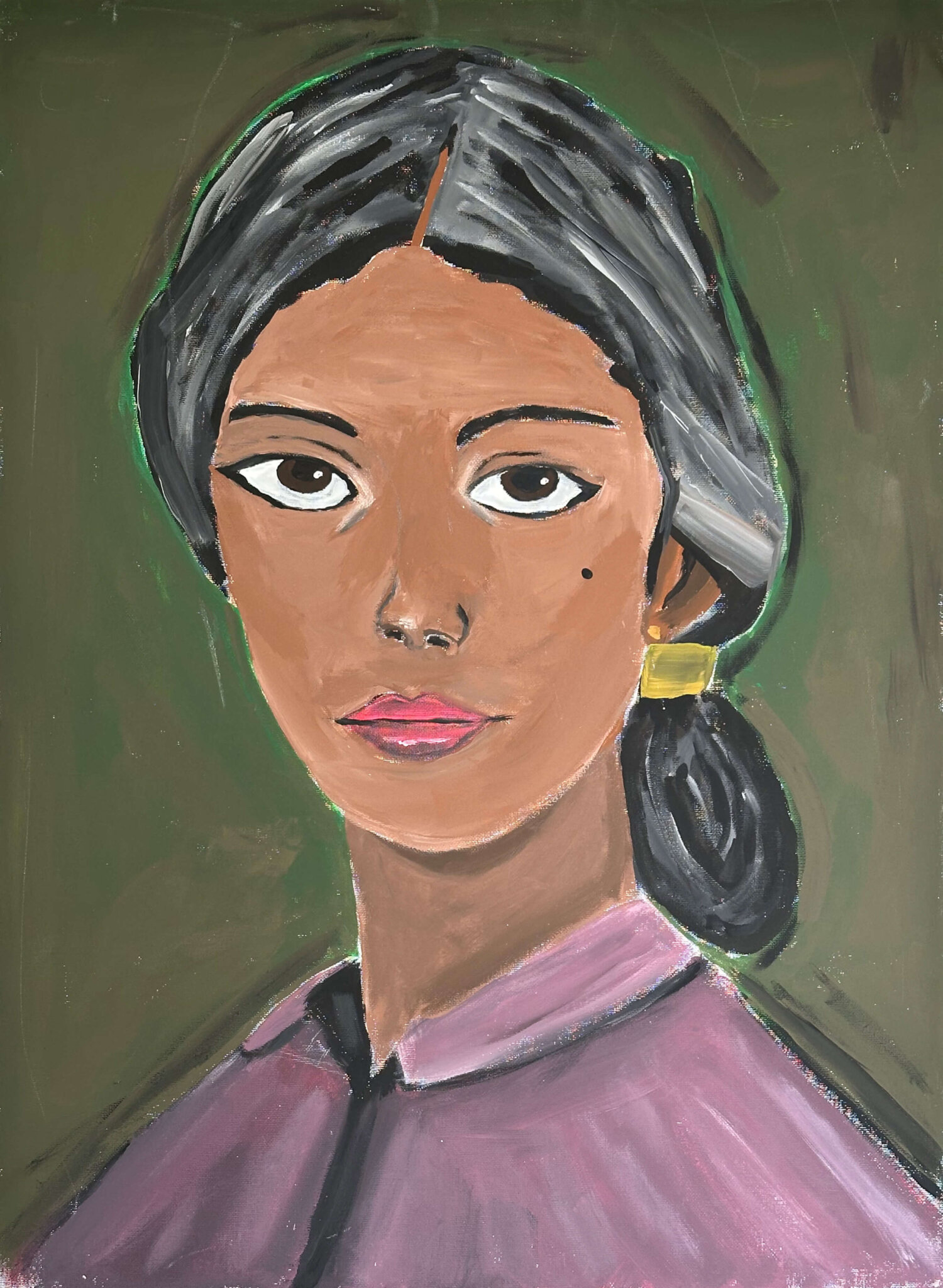 Eine gemalte Porträtdarstellung einer Frau mit grauem, nach hinten gebundenem Haar.