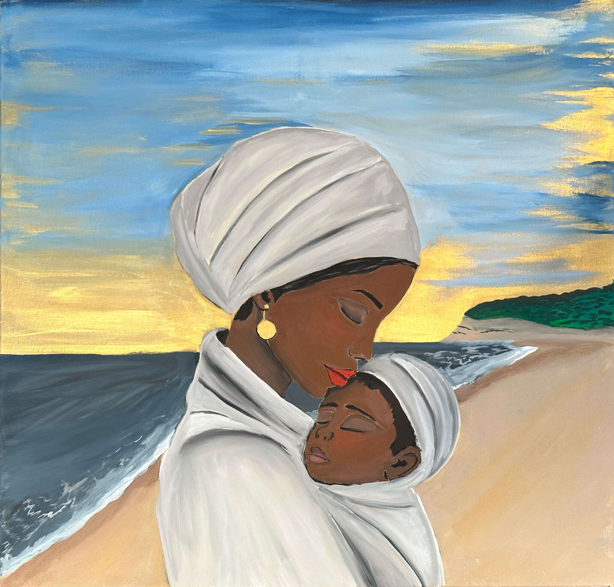 Eine Frau mit dunkler Hautfarbe in weißer Kleidung und mit einem weißen Turban trägt ein schlafendes Kind.