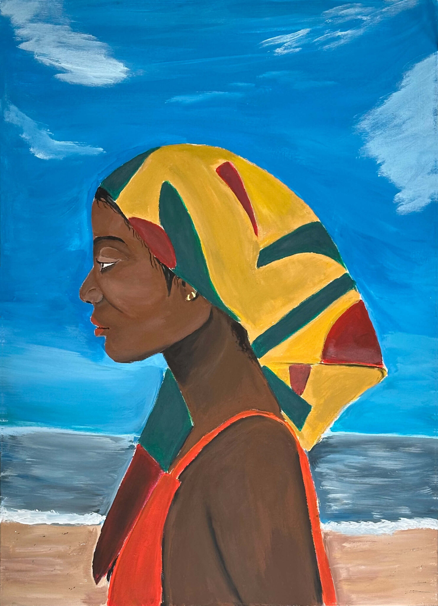 Seitliche Darstellung einer Frau mit dunkler Hautfarbe am Strand.