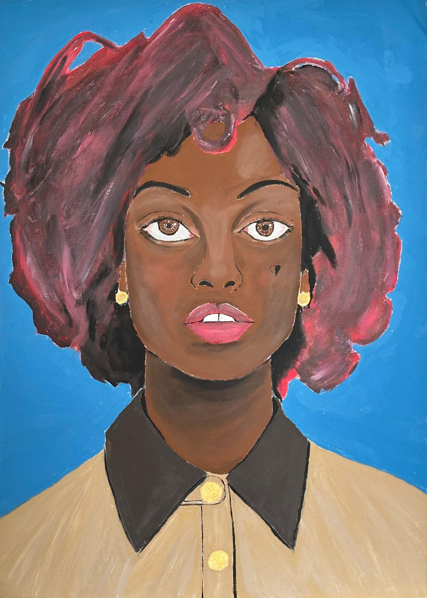 Das Bild zeigt eine gemalte Fraumit dunkler Hautfarbe und voluminösem, lockigem Haar.