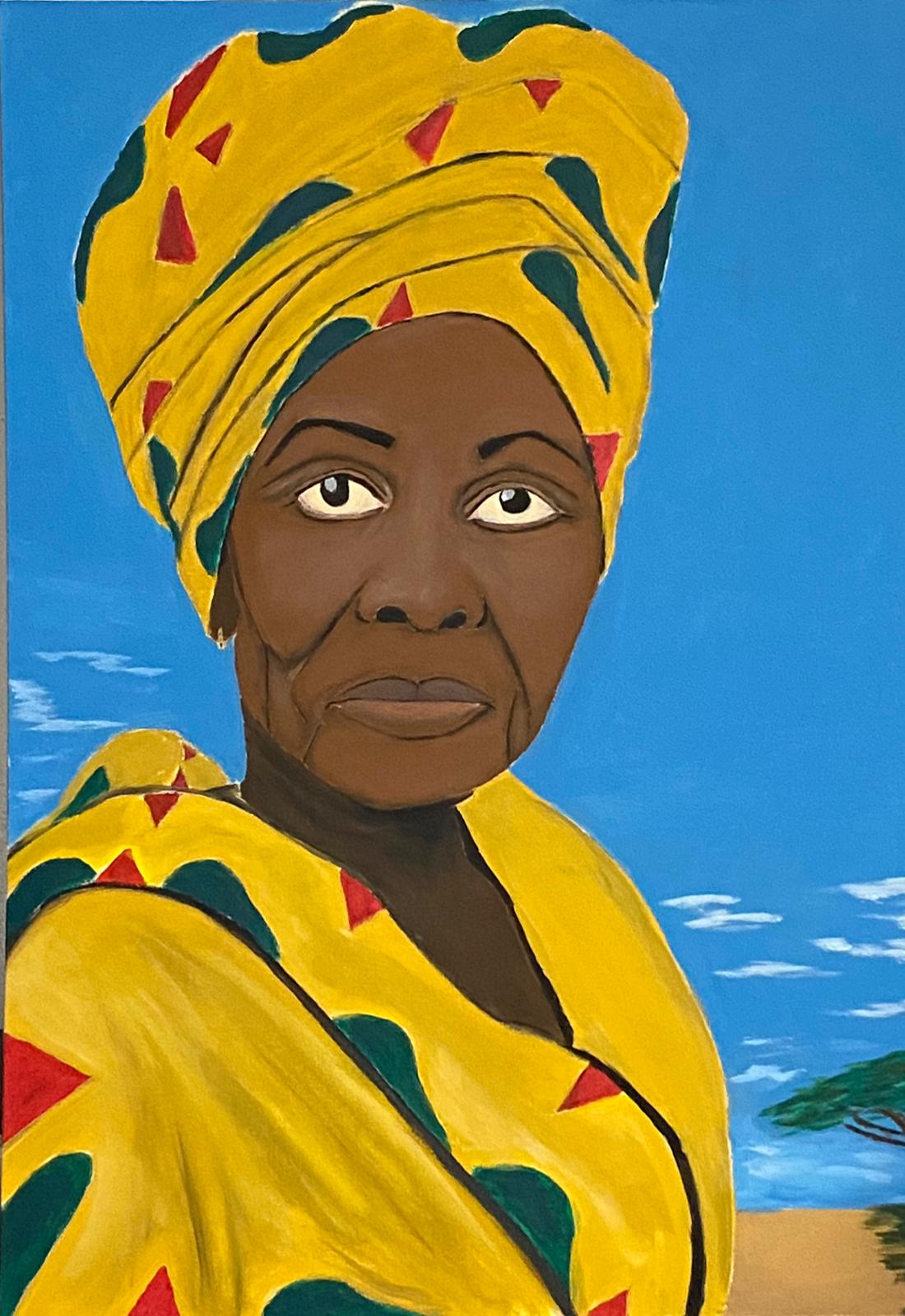 Eine Frau mit dunkler Hautfarbe trägt ein gelbes Kleid und einen passenden Turban.