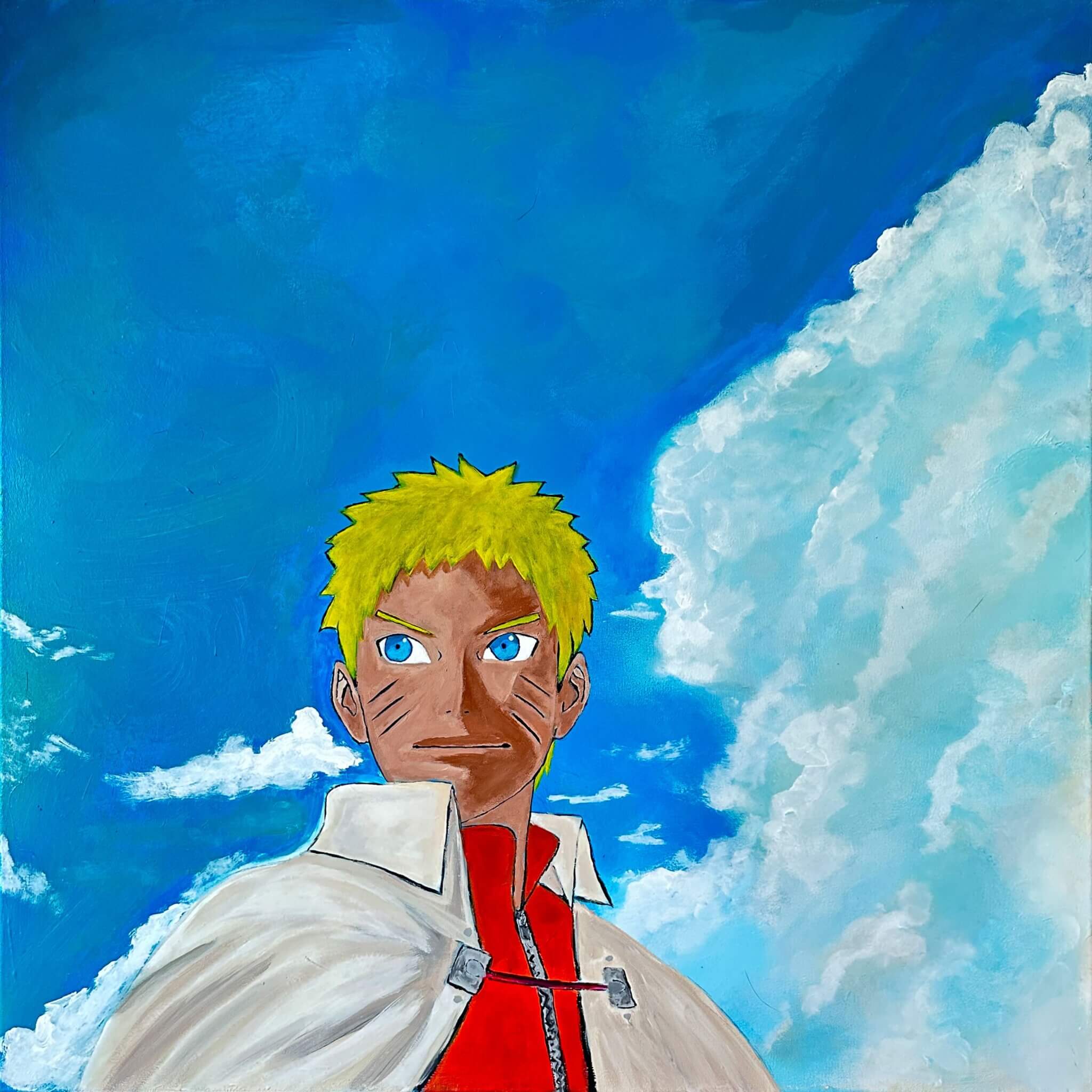 Gemälde einer Person mit stacheligen gelben Haaren und rotem Oberteil vor blauem Himmel mit weißen Wolken