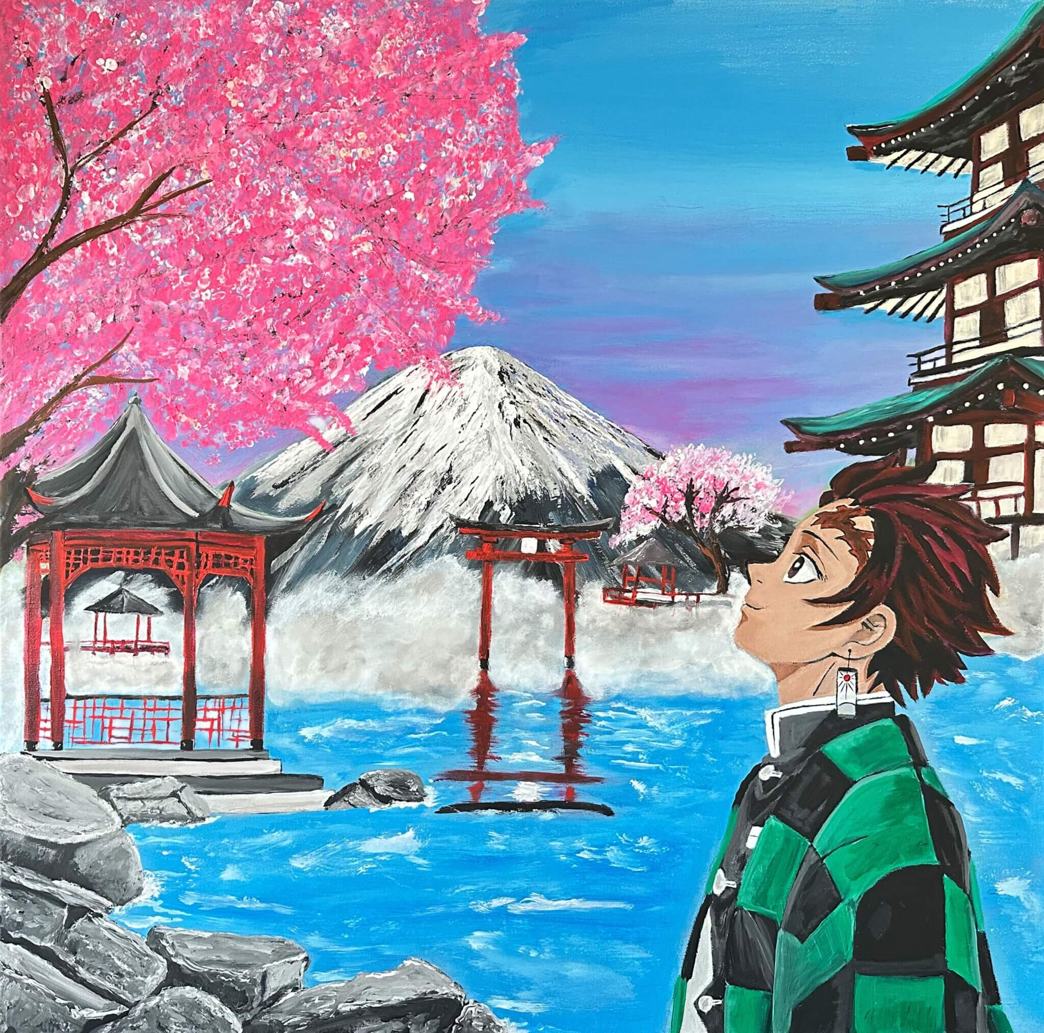 Tanjiro schaut zum blühenden Kirschbaum
