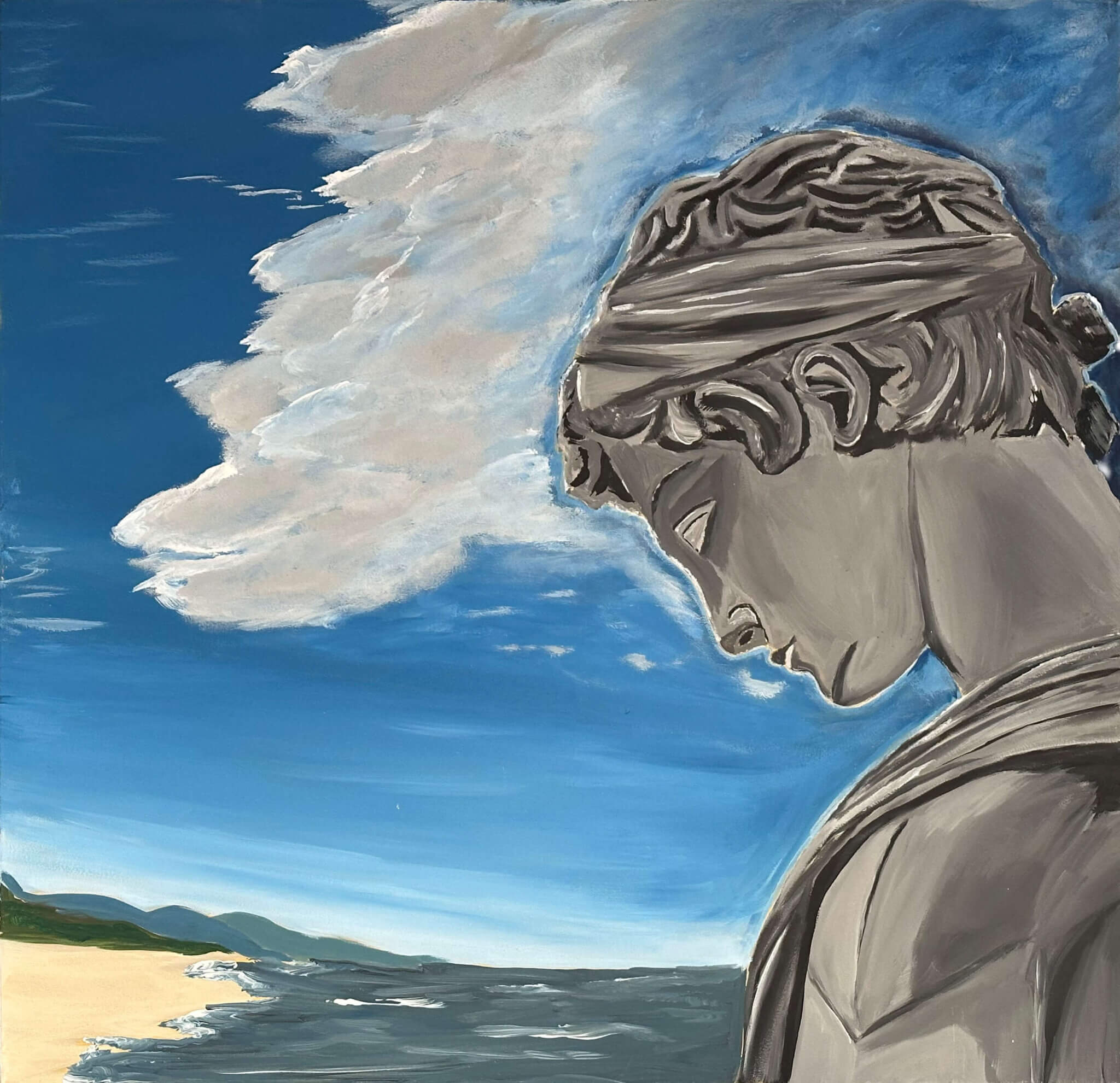 antiken Büste mit Kopftuch vor einem Strand mit Meer und bewölktem Himmel